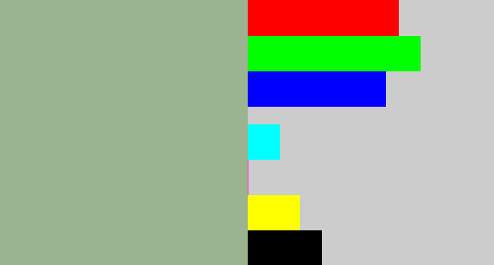 Hex color #9bb38e - greenish grey