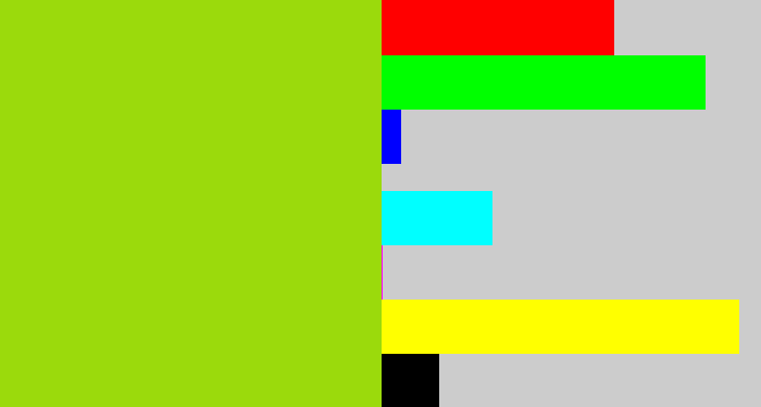 Hex color #9bda0c - slime green