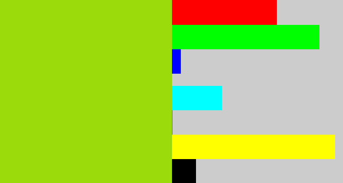 Hex color #9bdb0c - slime green