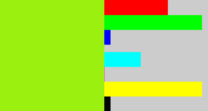 Hex color #9bf00f - acid green