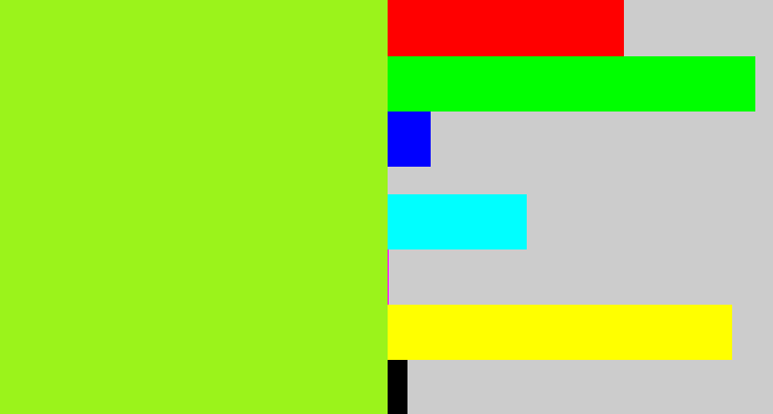 Hex color #9bf31b - acid green