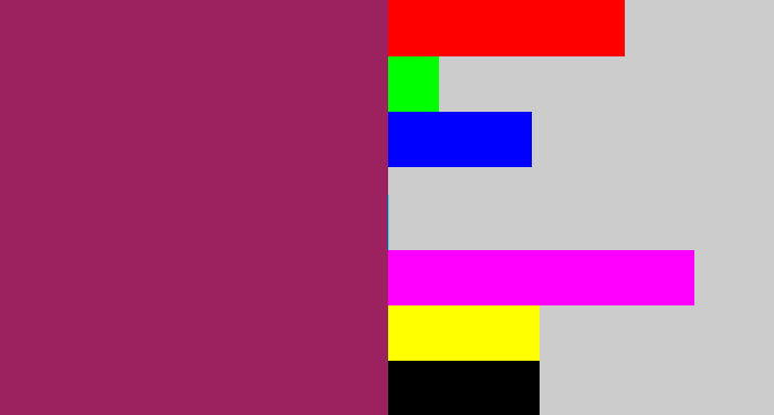 Hex color #9c215f - dark fuchsia