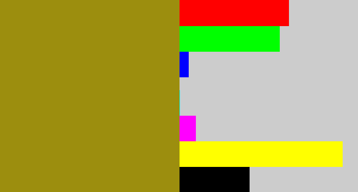 Hex color #9c8e0e - dark mustard