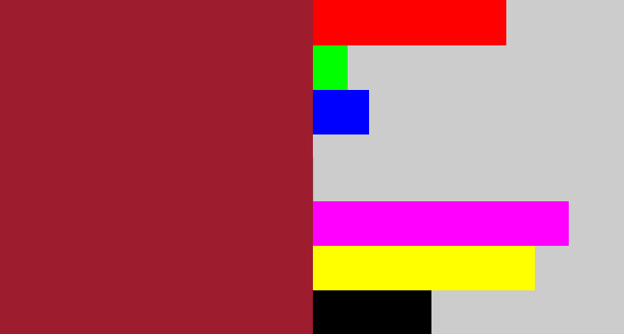 Hex color #9d1c2e - rouge