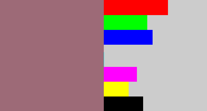 Hex color #9d6a77 - reddish grey