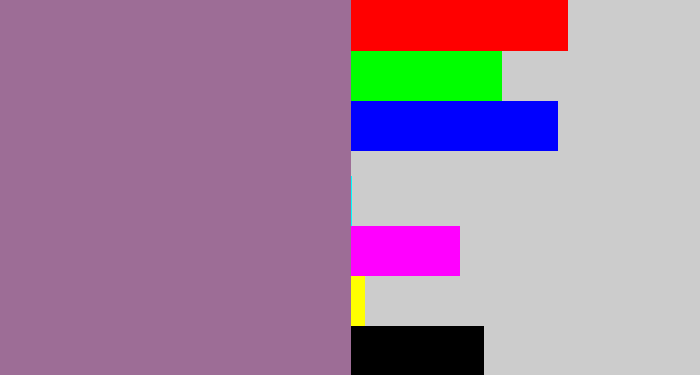 Hex color #9d6d96 - faded purple