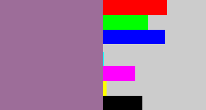 Hex color #9d6d99 - faded purple