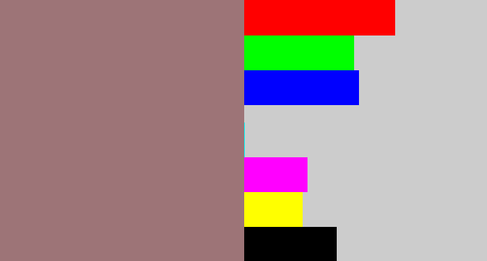 Hex color #9d7477 - reddish grey