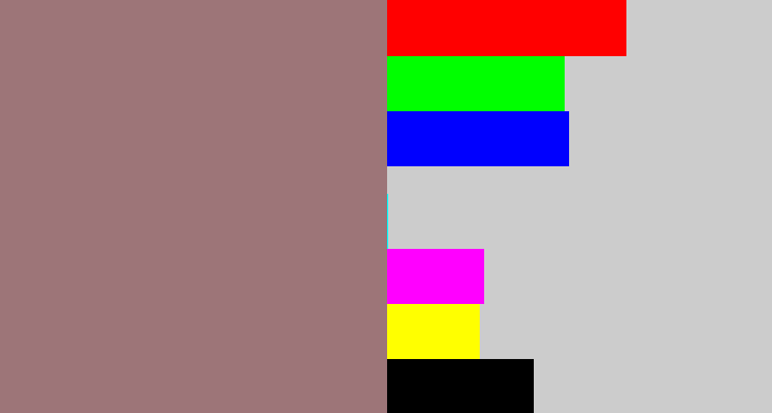 Hex color #9d7578 - reddish grey