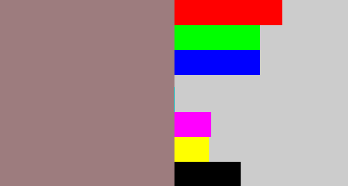 Hex color #9d7c7e - reddish grey