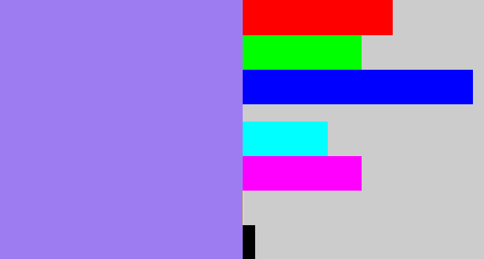 Hex color #9d7cf1 - periwinkle