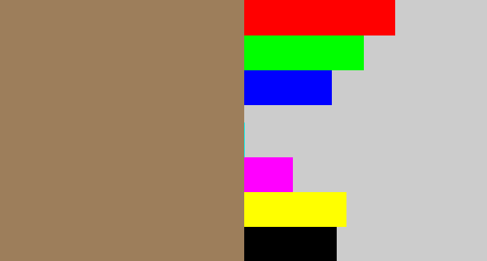 Hex color #9d7e5b - puce