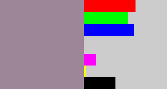 Hex color #9d8698 - purpley grey