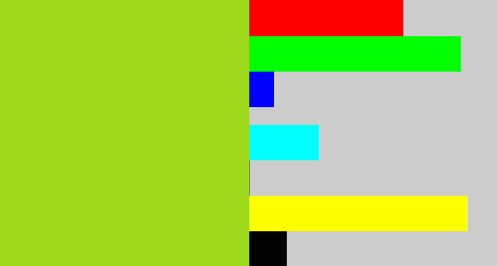 Hex color #9dd91a - yellowish green