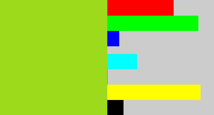 Hex color #9dda1c - yellowish green