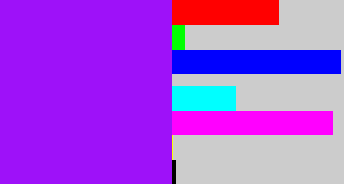 Hex color #9e11f9 - violet