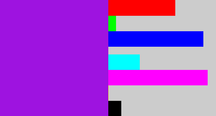 Hex color #9e13e0 - violet