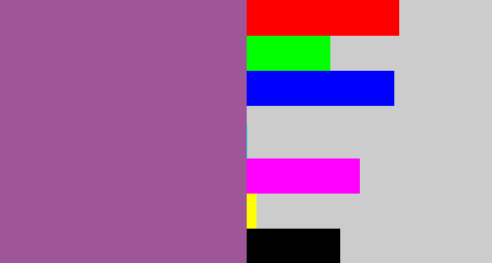 Hex color #9e5698 - purpleish