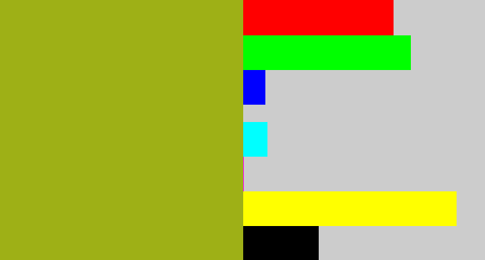 Hex color #9eb016 - sickly green