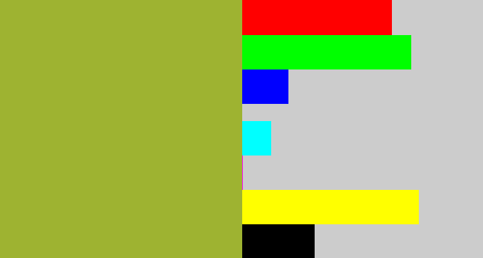 Hex color #9eb331 - sick green