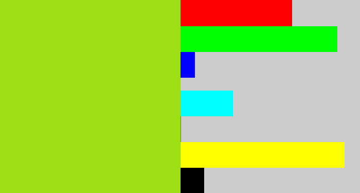 Hex color #9ede14 - yellowish green