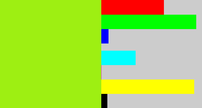 Hex color #9eef12 - acid green