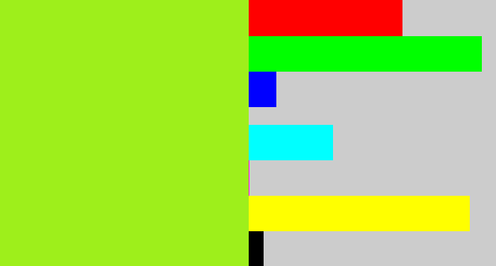 Hex color #9eef1b - yellowish green