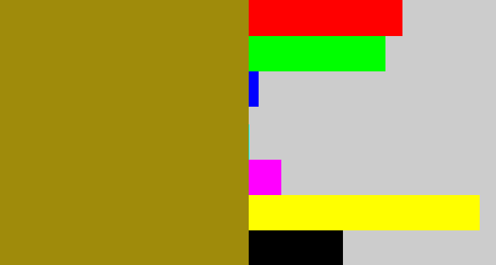 Hex color #9f8b0b - dark mustard