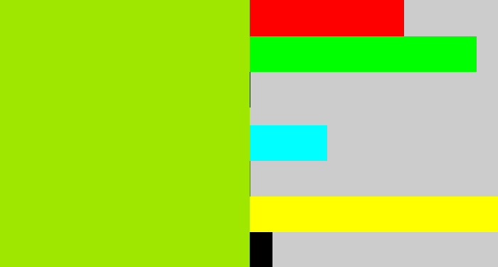 Hex color #9fe700 - lemon green
