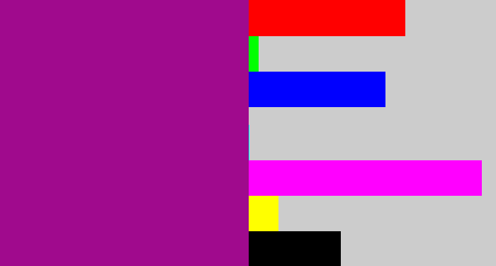 Hex color #a00a8d - barney purple