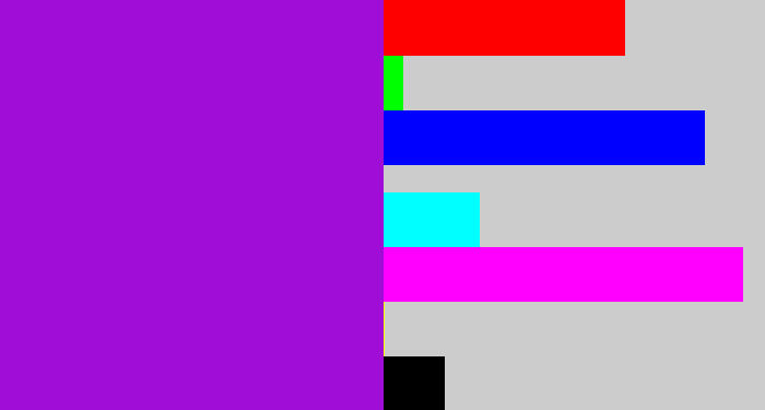 Hex color #a00dd6 - vibrant purple