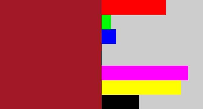 Hex color #a01823 - rouge