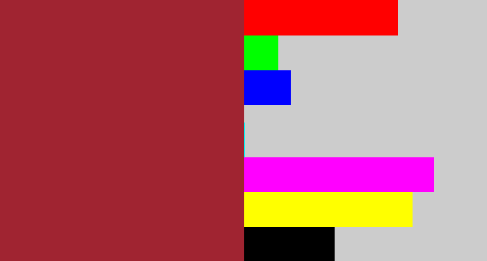 Hex color #a02431 - rouge