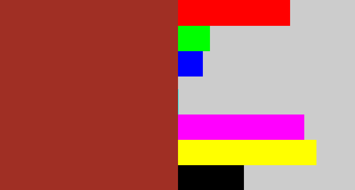 Hex color #a02f24 - brick