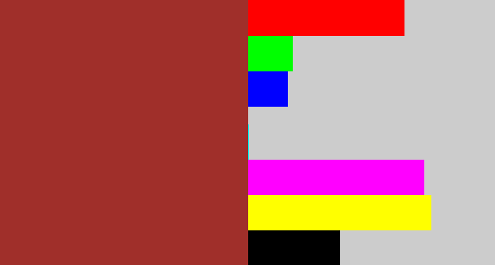 Hex color #a02f2a - brick