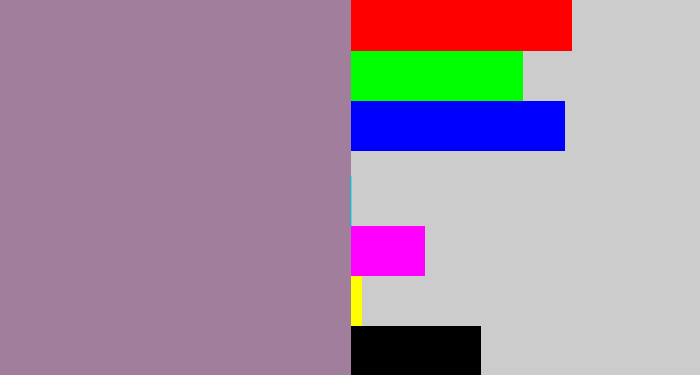 Hex color #a07e9c - purpley grey