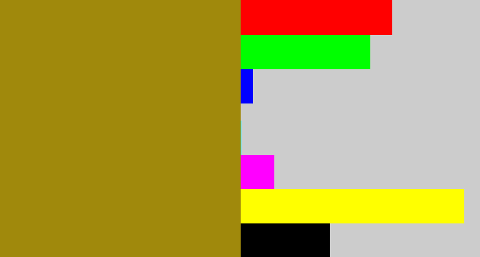 Hex color #a0890c - dark mustard