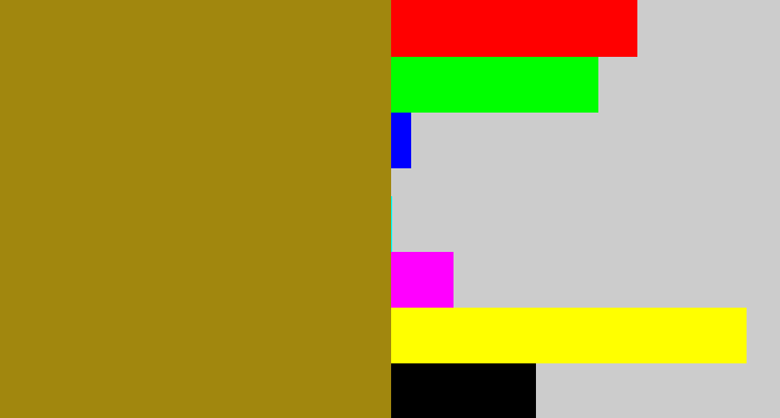 Hex color #a1870e - dark mustard