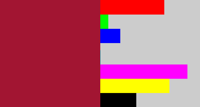 Hex color #a21532 - rouge