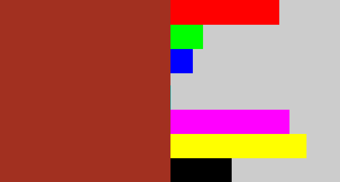 Hex color #a23020 - brick