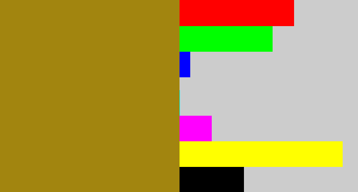 Hex color #a2850f - dark mustard