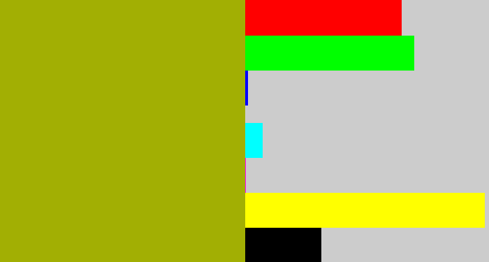 Hex color #a2af03 - mustard green