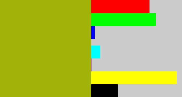Hex color #a2b40a - mustard green