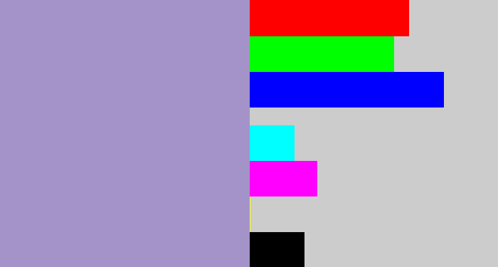 Hex color #a493c8 - pale purple