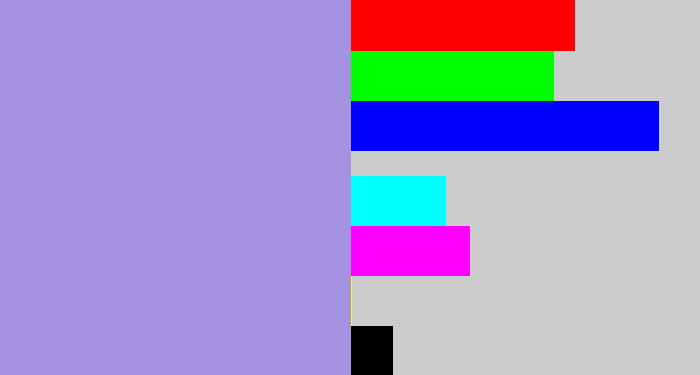 Hex color #a493e0 - pale purple