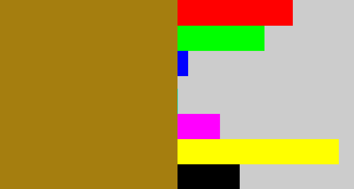 Hex color #a57e0f - mustard brown