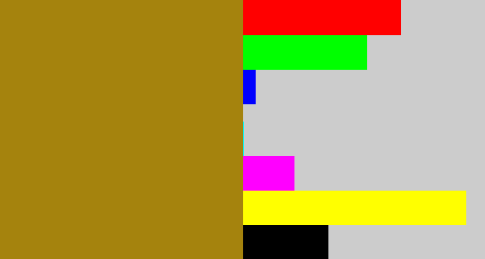 Hex color #a5830d - dark mustard