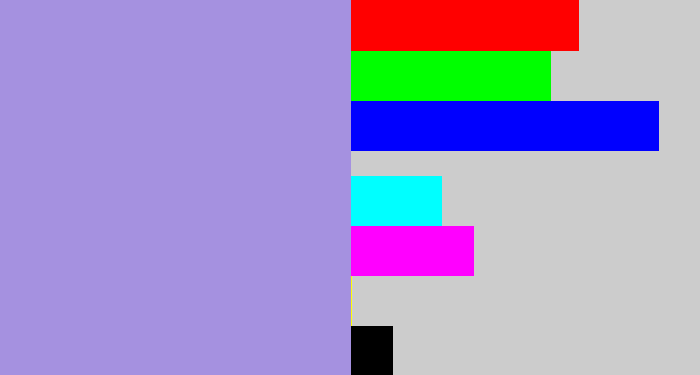 Hex color #a591e0 - pale purple