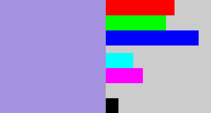 Hex color #a592e0 - pale purple
