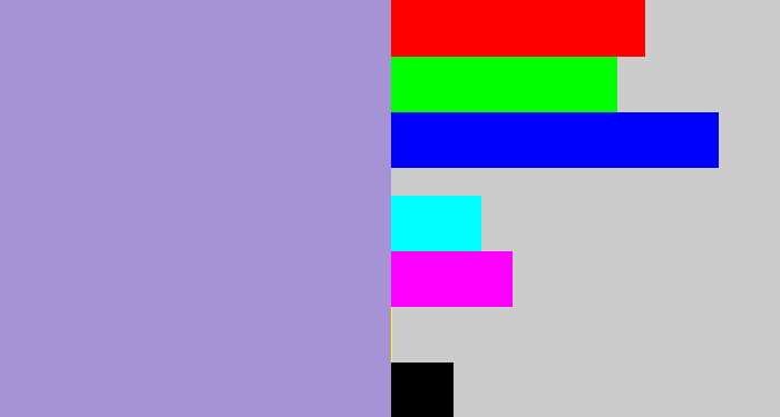 Hex color #a593d5 - pale purple